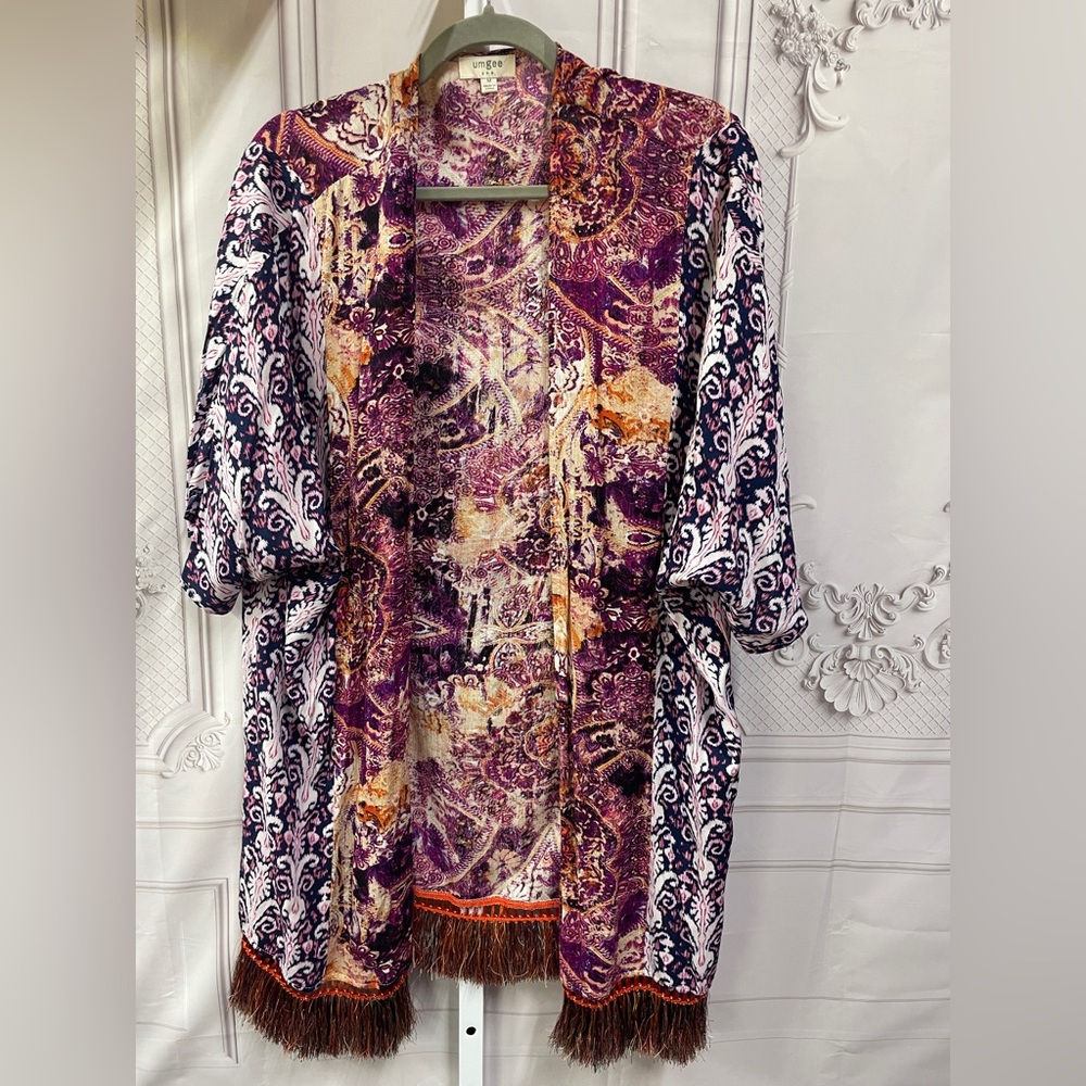 Umgee Multicolor Patterned Bohemian Tassels Kimono Cardigan Cover Up Size Medium